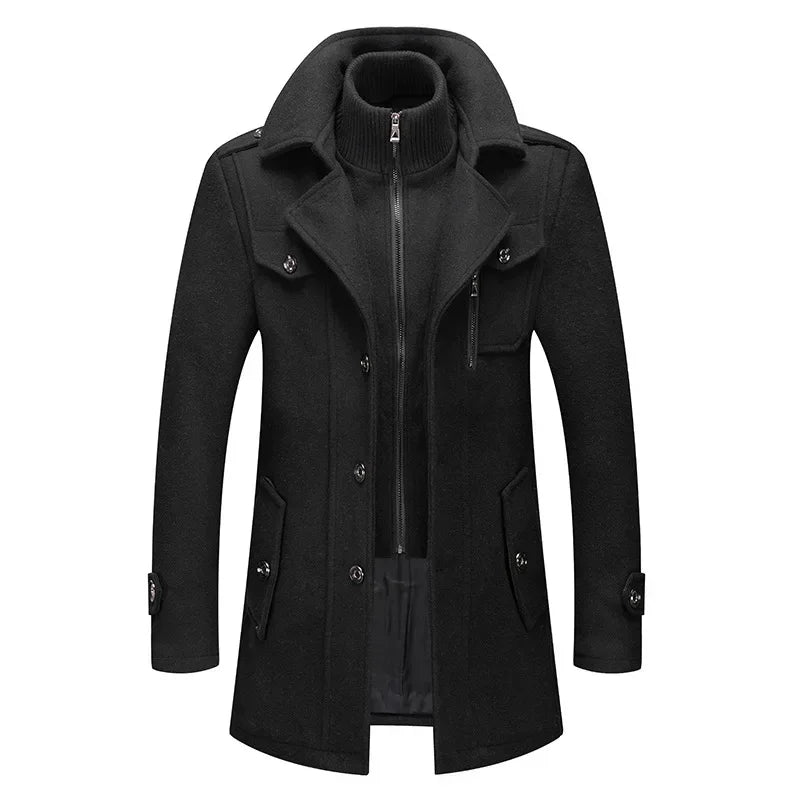 Black coat from the front, with the ribbed inner collar zipped up and buttoned flap pockets 4