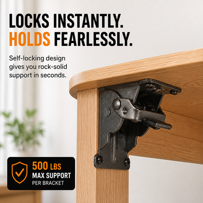 Dark steel bracket joining a wooden table leg to the tabletop, with a lifestyle backdrop and a weight-support claim. 5