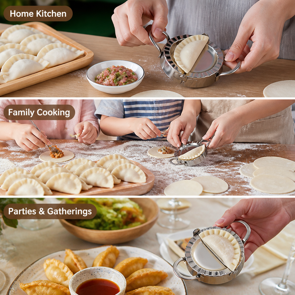 Three scenes of the mould in use: shaping dumplings at home, cooking with children, and serving fried dumplings with dipping sauce at a gathering. 5