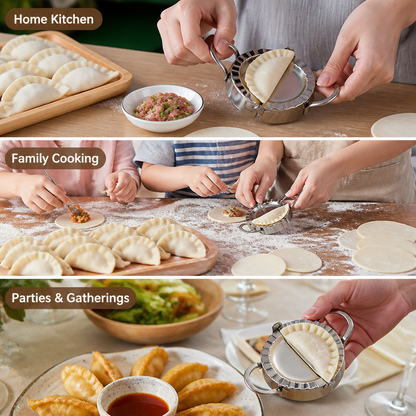 Three scenes of the mould in use: shaping dumplings at home, cooking with children, and serving fried dumplings with dipping sauce at a gathering. 5