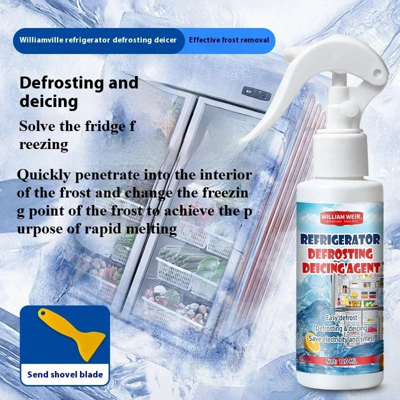 Spray bottle in front of an ice-covered fridge, with a yellow scraper icon in the corner 4