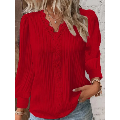 Stylish autumnal women's blouse with a V-neck and long sleeves – Alvara
