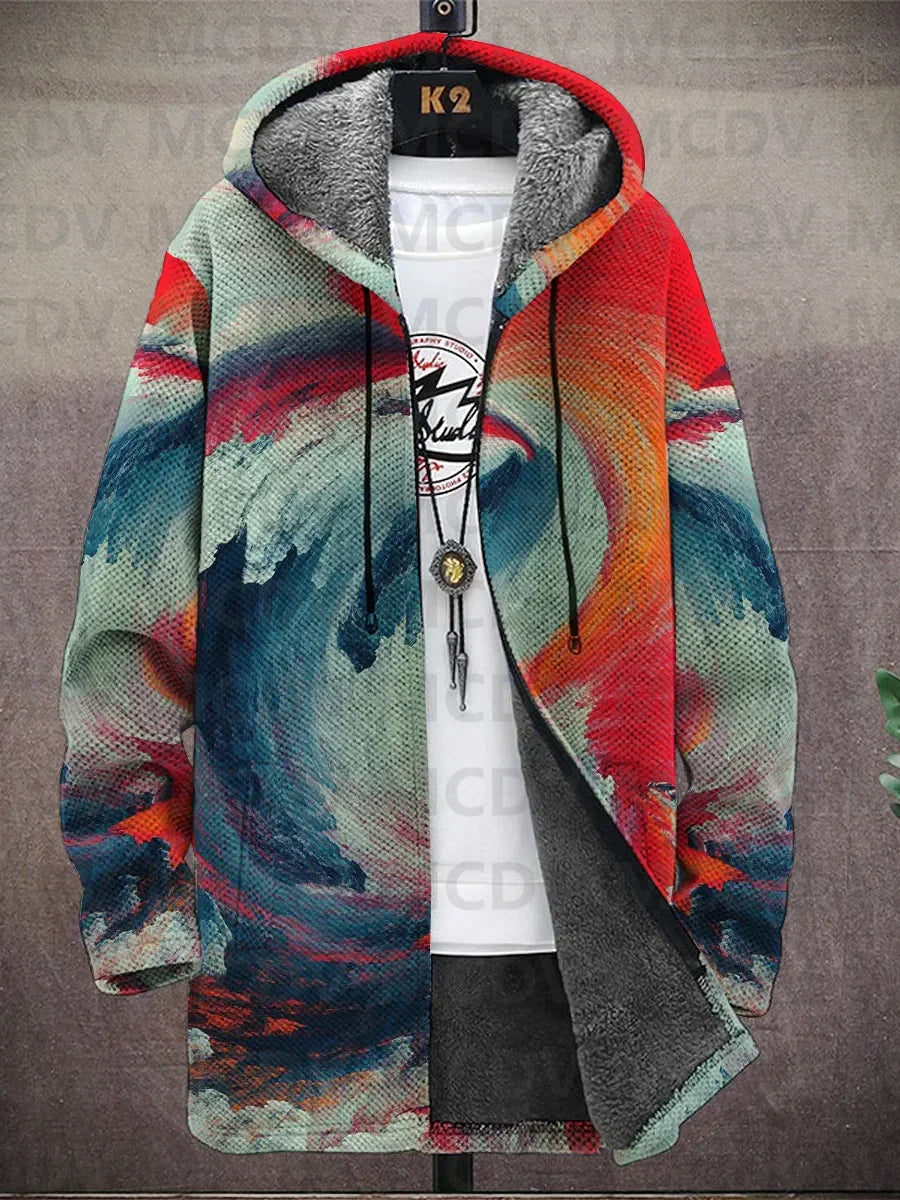 Jacket on a hanger in a swirling wave print of teal, red and orange with grey fleece lining 4