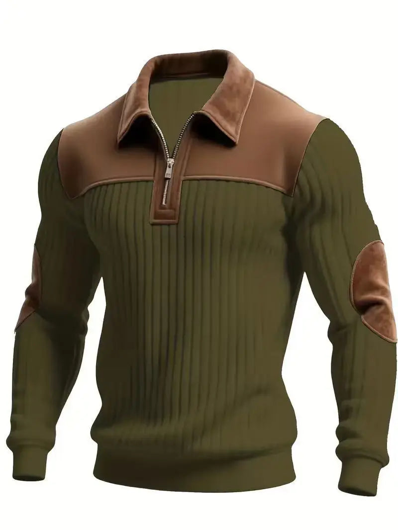 Olive green ribbed zip jumper with brown contrast collar, yoke and elbow patches, shown on its own 4