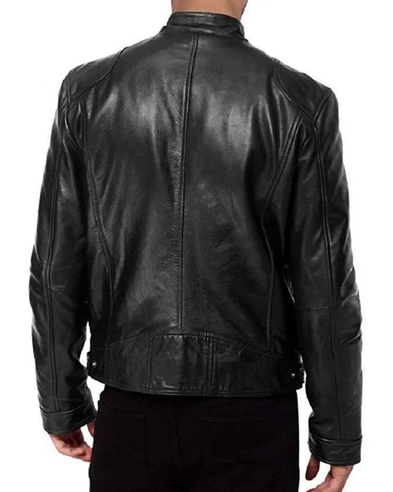 Back view of a black leather biker jacket showing centre seam and waist tabs 4