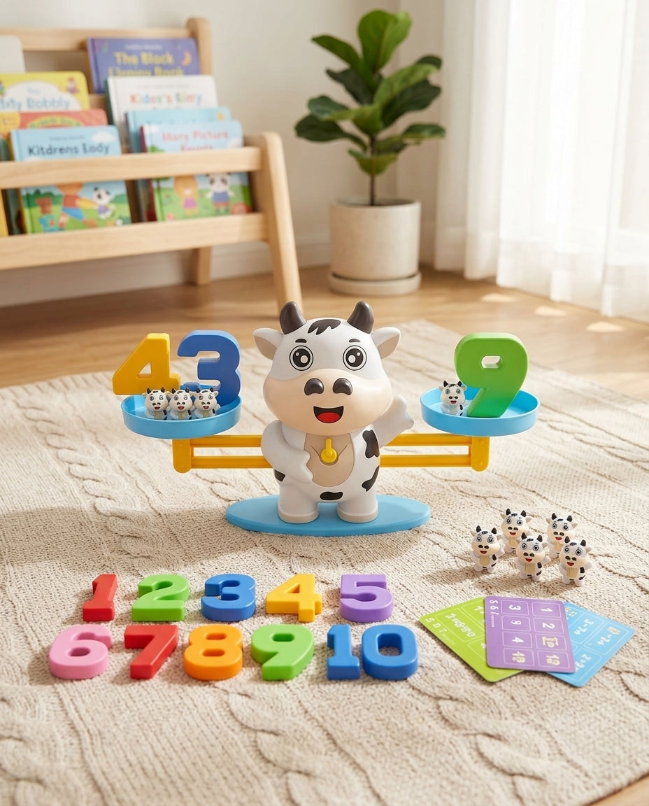 Black and white cow balance on a knitted rug, with numbers 4, 3 and 9, small cows and cards 5