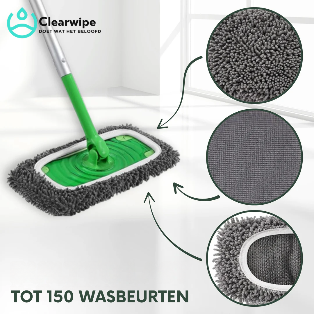 Grey chenille pad fitted to a green flat mop, with three round close-ups of the fluffy and flat woven fabric. 2
