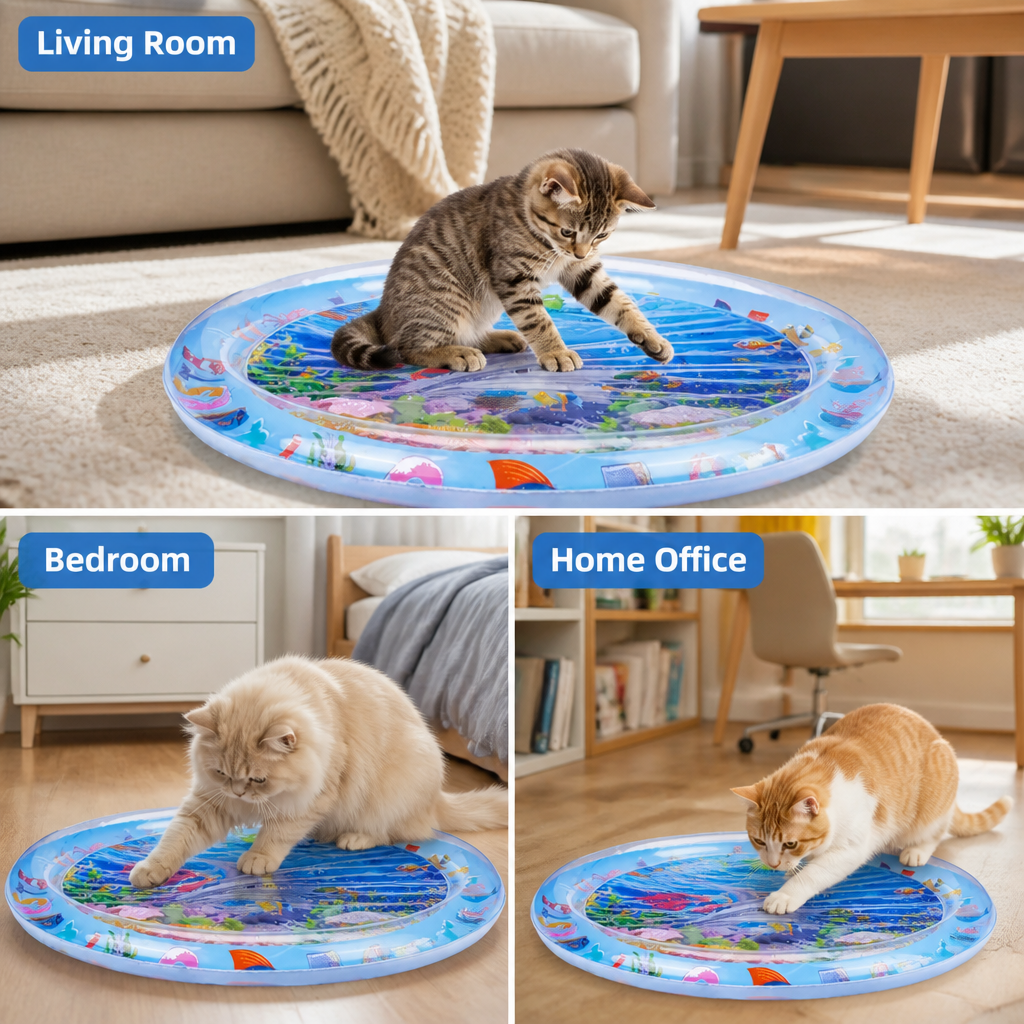 Three cats using the round water mat in a living room, a bedroom and a home office. 5
