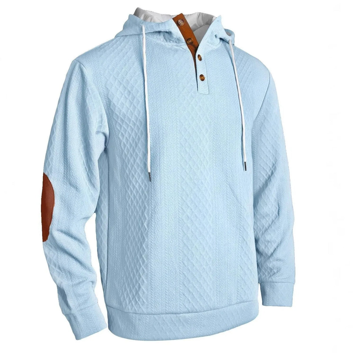 Pale blue textured hoodie on a plain white background, angled front view with button placket and tan elbow patch 4