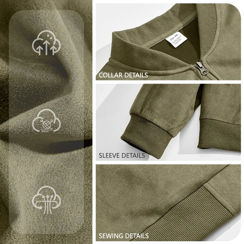 Olive green jacket fabric with collar, sleeve and stitching detail close-ups and small icons 4