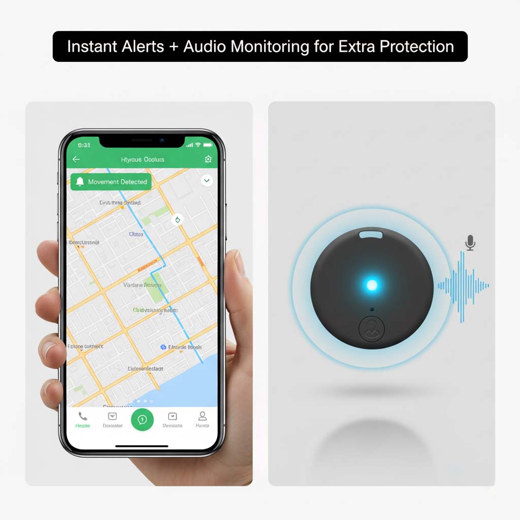 Split image of a phone map with a movement-detected alert beside a black tracker glowing blue with sound waves for audio monitoring. 5