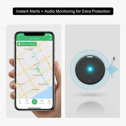 Split image of a phone map with a movement-detected alert beside a black tracker glowing blue with sound waves for audio monitoring. 5