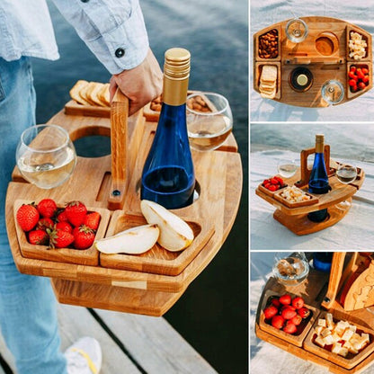 Collage of four views: carrying the table by its handle, overhead shot, standing on a blanket, and a close-up of snack trays 7