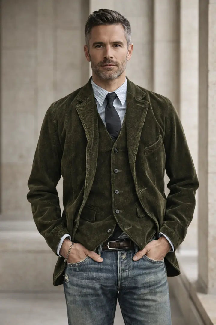 Full-length view of a model in the olive green corduroy jacket and waistcoat beside stone columns 4