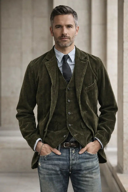 Full-length view of a model in the olive green corduroy jacket and waistcoat beside stone columns 4