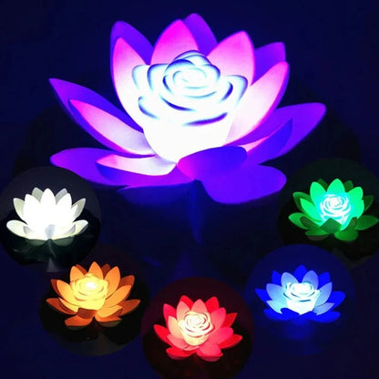 Collage of lotus lights glowing in purple, white, green, orange, red and blue against a dark background 10