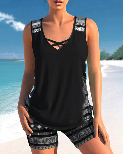 Trendy swimwear with V-neck and geometric pattern – Tankini set Madonna