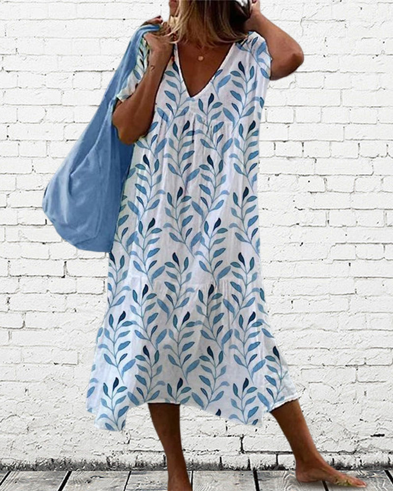 Trendy midi dress with leaf pattern and V-neck – Nea