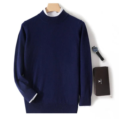 Navy blue mock neck jumper displayed with a white shirt collar, a watch and a brown wallet 4