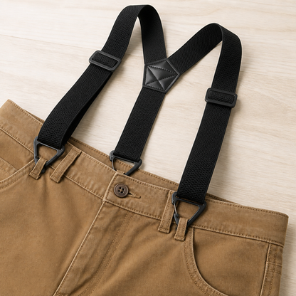 Flat lay of black suspenders clipped to the waistband of tan trousers, showing the triangular clips and adjusters. 4