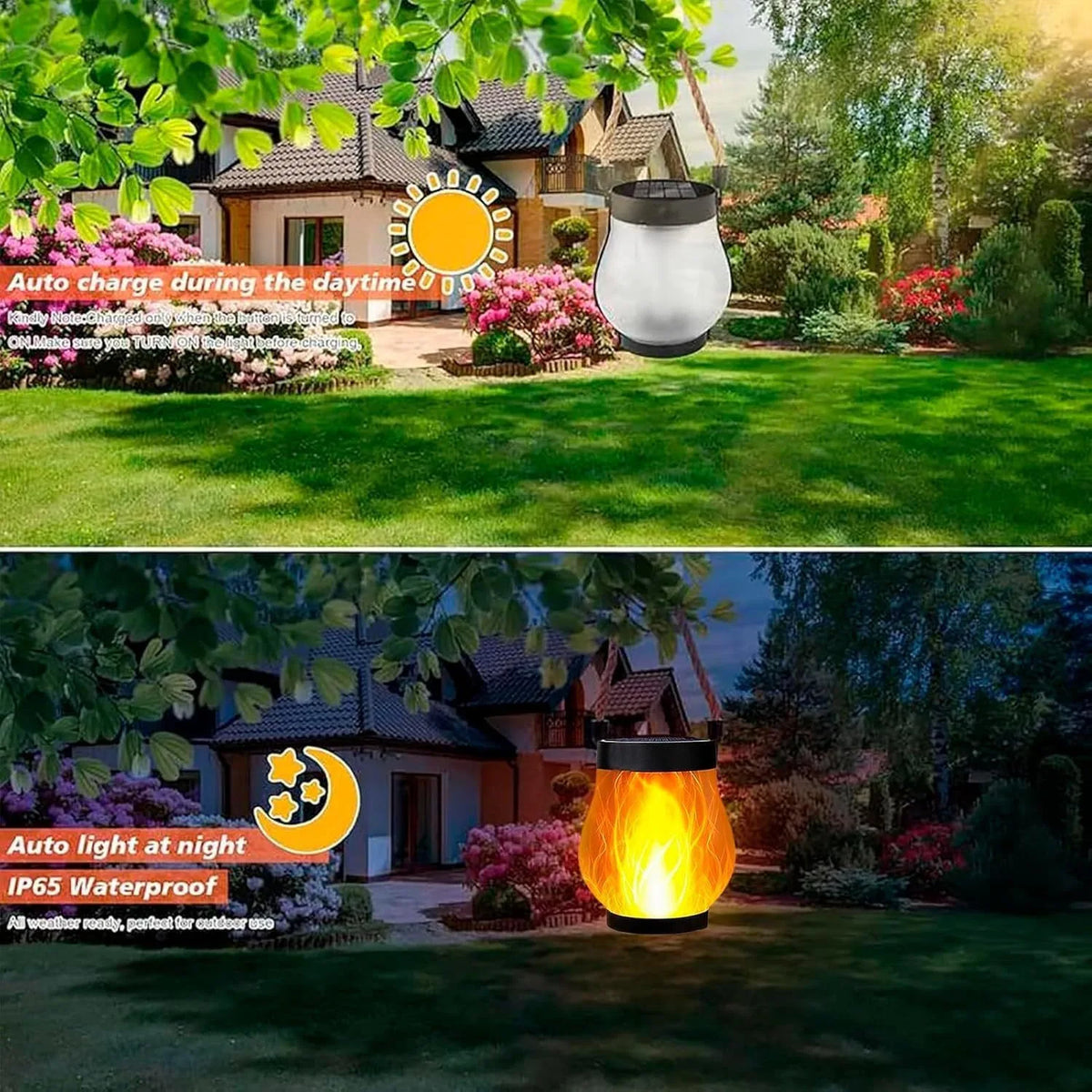 Two-part garden scene: unlit frosted lantern by day, flame-glowing lantern at night in front of a house 4