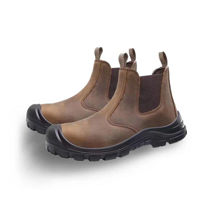 Pair of brown nubuck-style pull-on boots with black reinforced toe caps and chunky soles on a white background 4