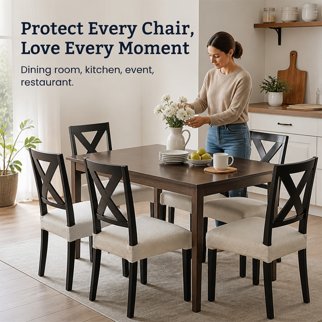 Woman arranging flowers at a dining table, four dark cross-back chairs fitted with cream seat covers in a kitchen-dining space. 5