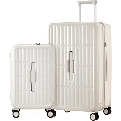 Airport-approved 55 cm hand luggage with a 30:70 split and a three-part polycarbonate hard shell.