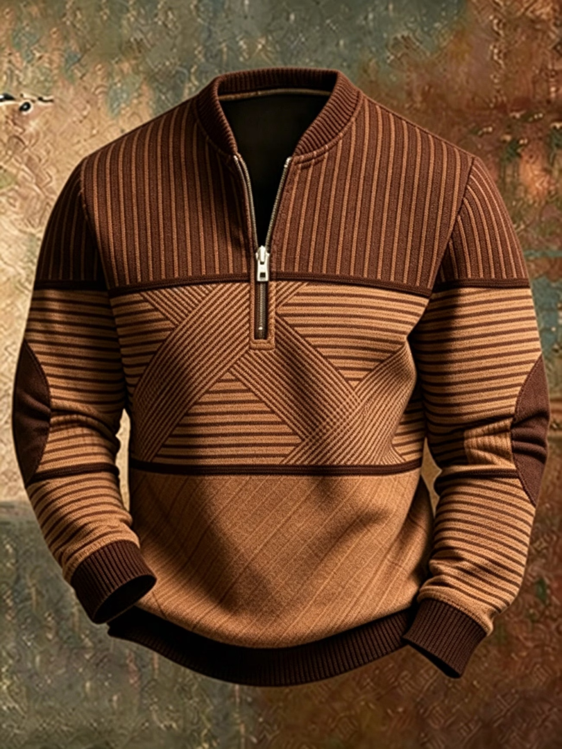 Same half-zip jumper in a brown colourway, with tan and chocolate stripes, geometric centre panel, elbow patches and dark ribbed trims. 4