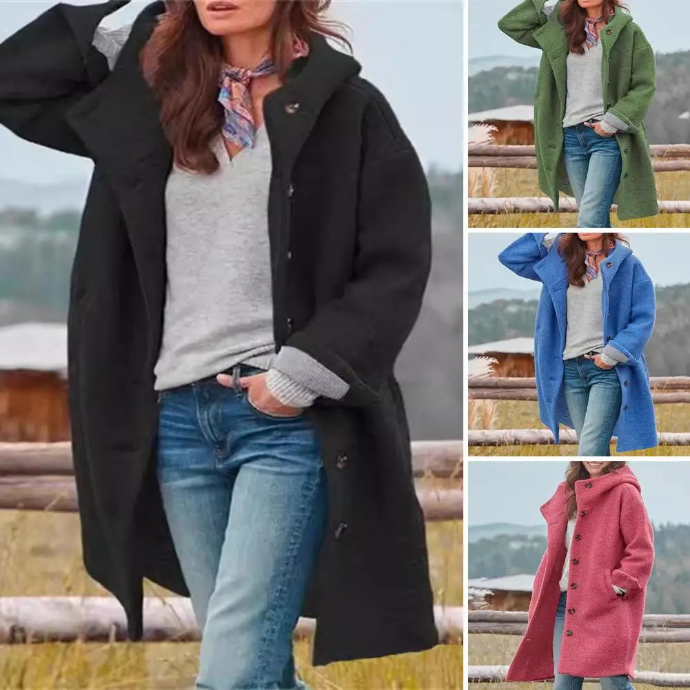 Black coat worn outdoors, with smaller inset photos of the green, blue and red versions 4