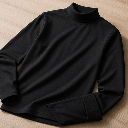 Black high-neck long sleeve top laid flat on a light wood surface, one cuff folded over the body. 4