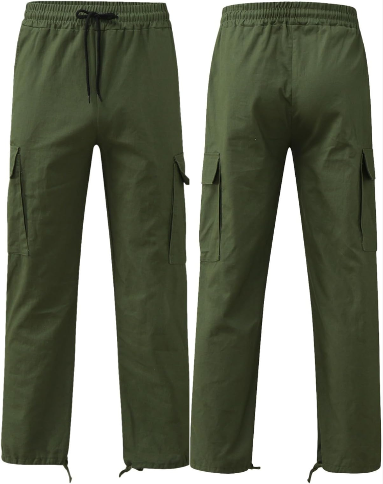 Olive green trousers shown flat, front and back side by side, with drawstring waist, side pockets and toggle cord hems. 2