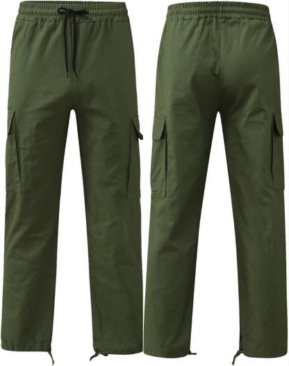 Olive green trousers shown flat, front and back side by side, with drawstring waist, side pockets and toggle cord hems. 2