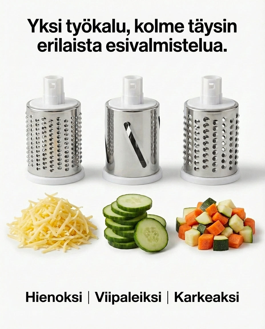 Three steel drums in a row, each above its result: fine shreds of cheese, cucumber slices and diced carrot and courgette. 6