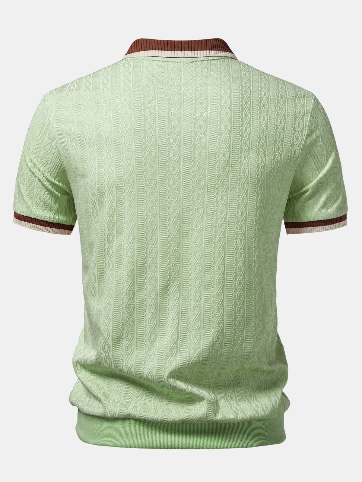 Back view of the light green polo showing the vertical cable-pattern knit and contrast collar trim. 8