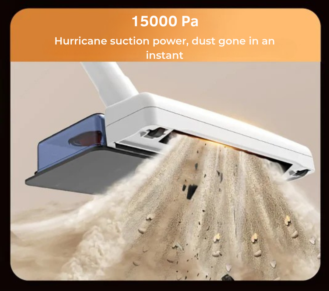 Floor head angled upwards, with a cloud of dust and crumbs swirling into its underside to illustrate strong suction. 7