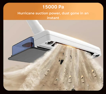 Floor head angled upwards, with a cloud of dust and crumbs swirling into its underside to illustrate strong suction. 7