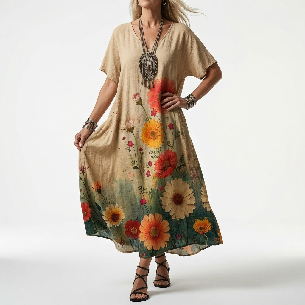 Model in a sandy beige V-neck dress with large orange, red and cream daisies growing up from a green hem, worn with strappy black sandals. 3
