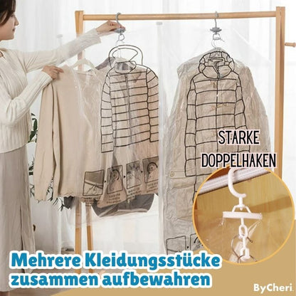 Woman hanging clear vacuum bags with coats on a wooden clothes rail, with an inset close-up of the white swivel double hook. 4