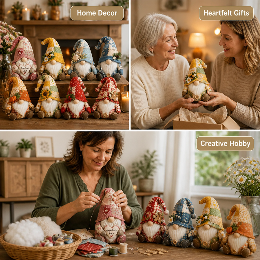 Three-part collage showing gnomes as mantelpiece decor, a gift being unwrapped and a woman sewing as a hobby 5