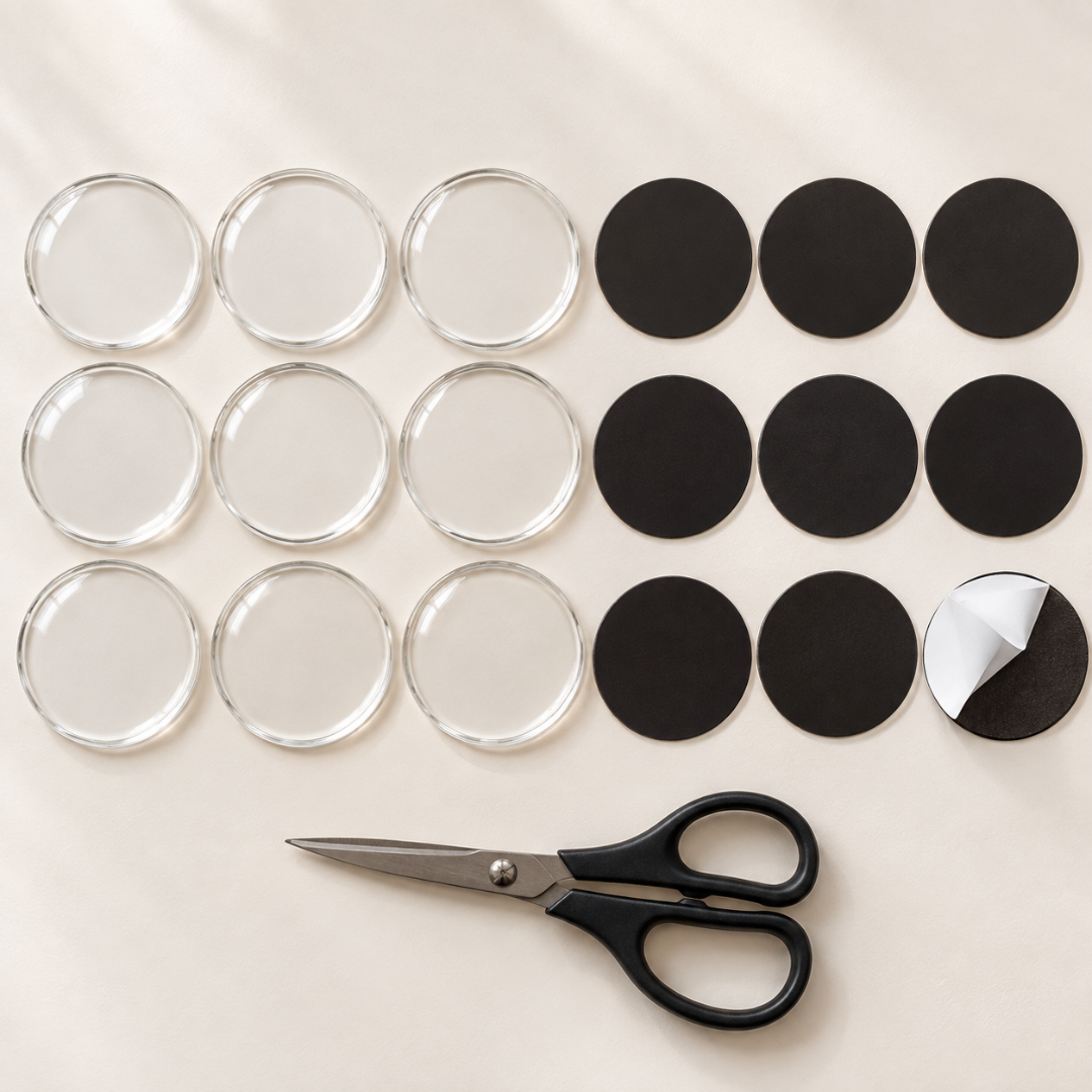 Nine clear round acrylic blanks with nine black round magnet sheets and a pair of scissors on a cream background 10