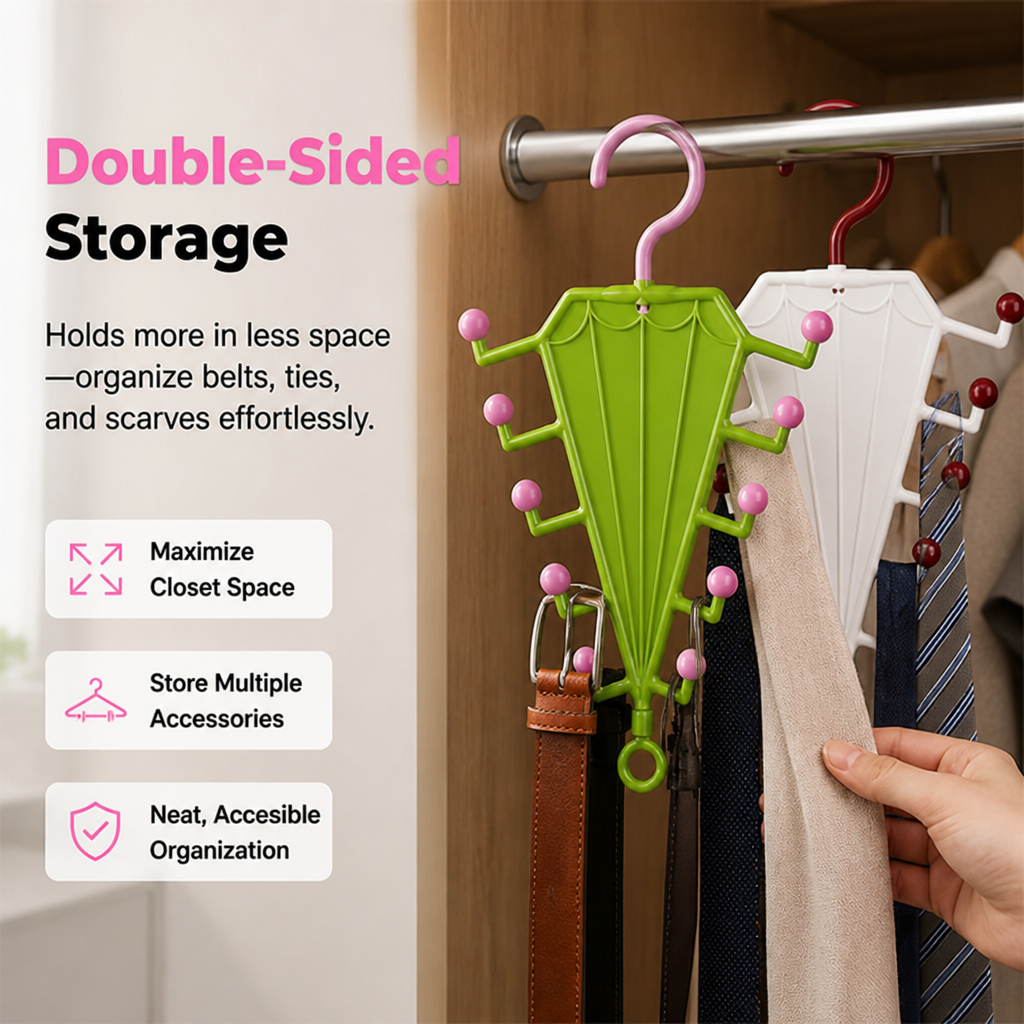 Green and white umbrella-shaped hangers on a wardrobe rail, holding belts, ties and a scarf 1