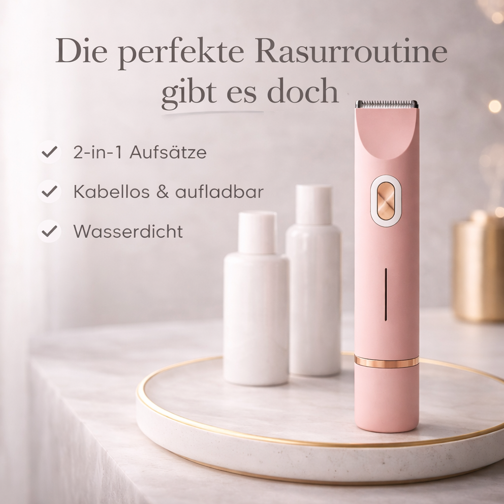 Pink trimmer standing upright on a marble tray with two white bottles, beside a short list of 2-in-1, cordless and waterproof features. 9