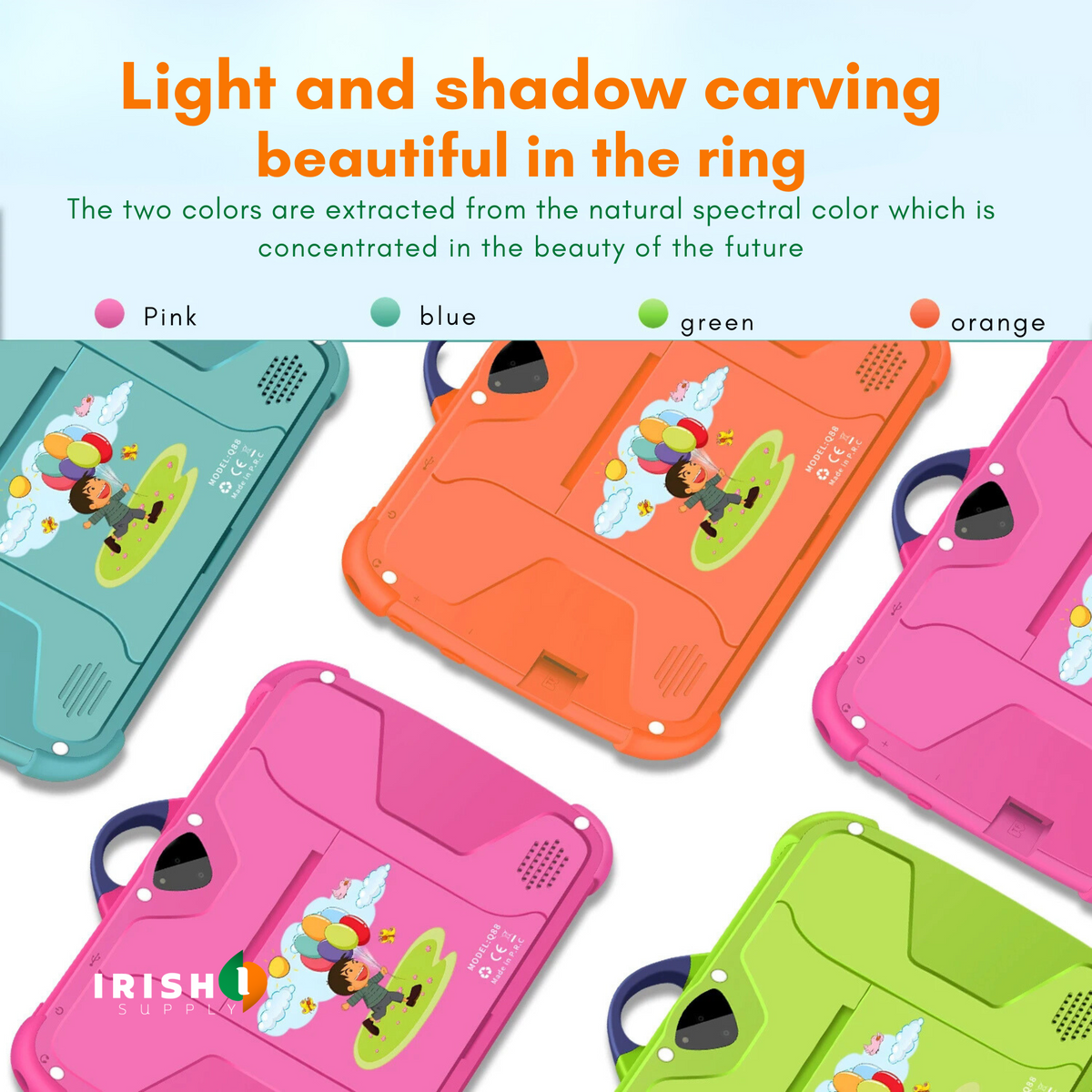 Rear views of the tablet cases in pink, blue, orange and green, each with a child illustration 3