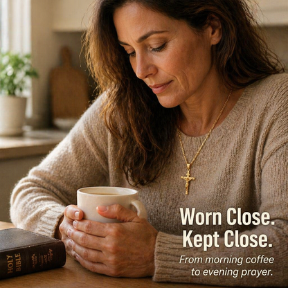 Woman in a beige knit jumper wears the gold crucifix while holding a mug beside a Bible 4