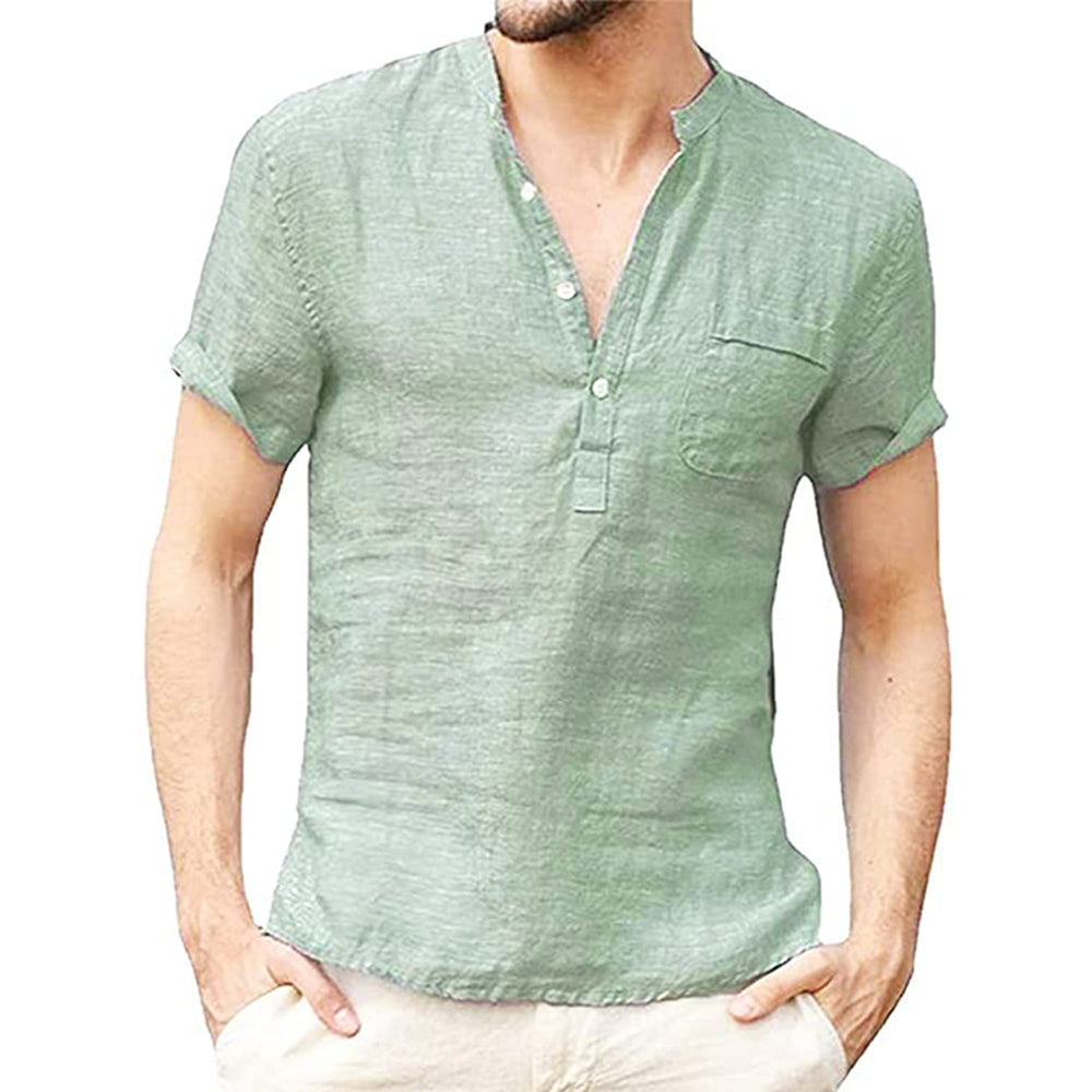 Men's Linen Shirt | V-Neck | Short Sleeves | Button Closure