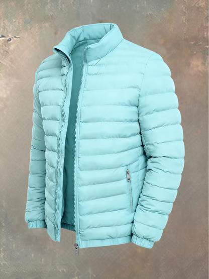 Light aqua puffer jacket with open zip and angled view of the quilted body and pocket 4