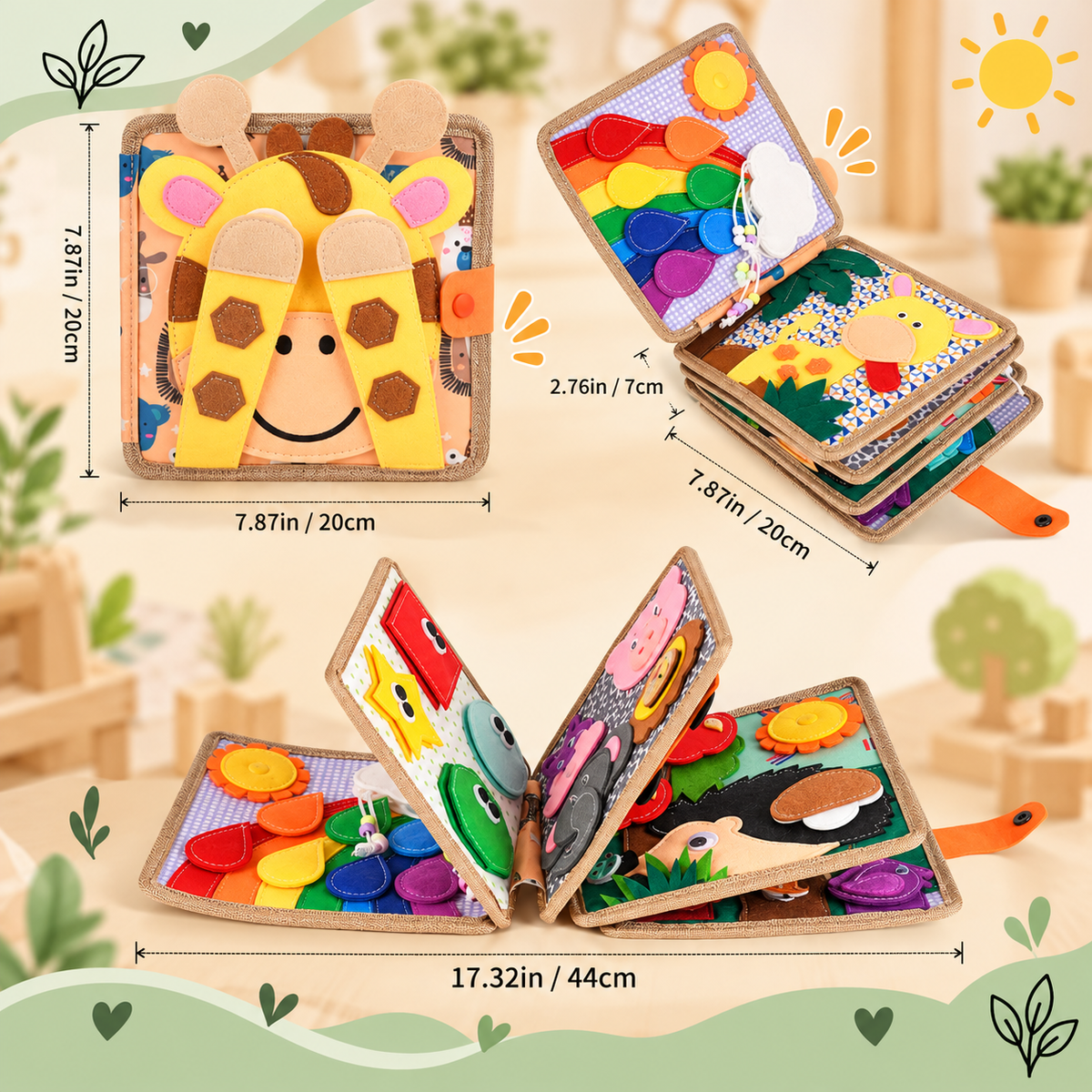 Giraffe-cover felt book shown closed, stacked and fully opened, with its width, height and thickness measurements 11
