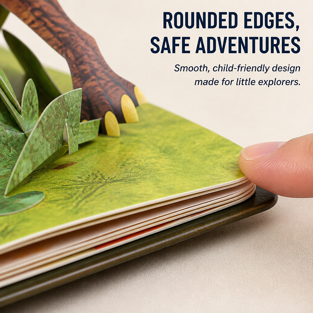 Close-up of a finger on the book's rounded page corners, with a green pop-up scene and dinosaur claws 5