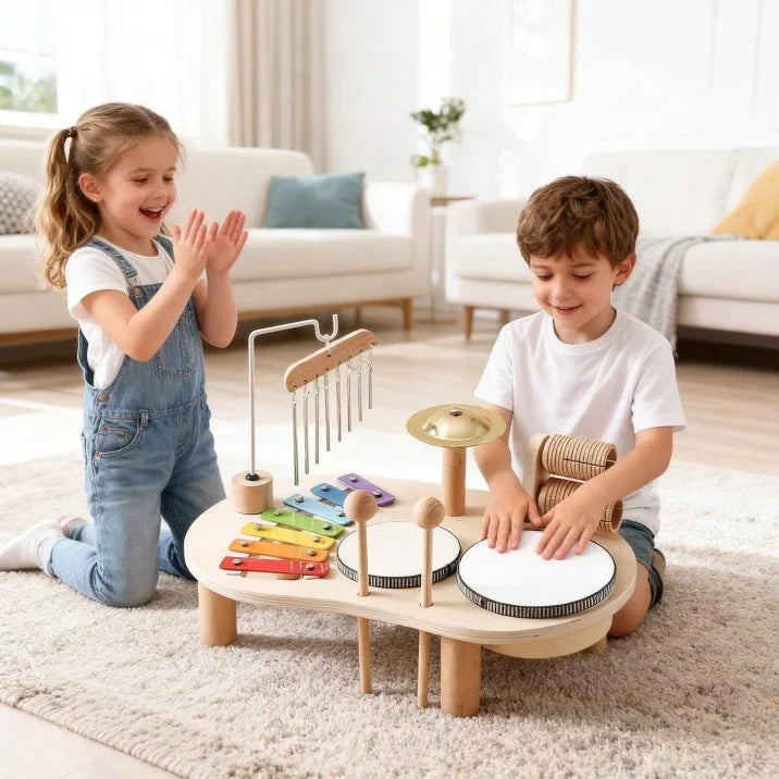Two children play together in a bright living room, one drumming while the other claps 4